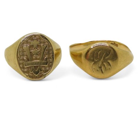 An 18ct gold signet ring, size O, weight 3.8gms, together with a 10K gold example size G, weight 3.5gms Condition Report:Avai