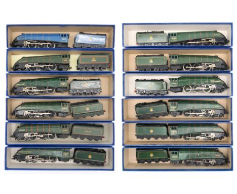 Eleven 00-gauge 4-6-2 locomotives and eight-wheel tenders in green British Railways livery, named respectively&nbsp;Bittern 6
