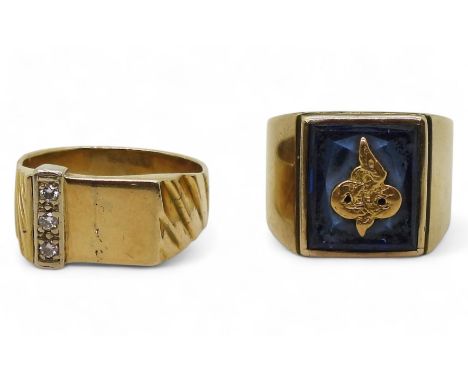 Two yellow metal rings, a signet ring set with three diamond accents, size V, weight 7.6gms together with a blue glass signet