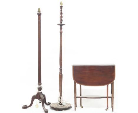 A lot comprising 19th century rosewood veneered Sutherland table, an oak circular based standard lamp and a mahogany tripod b