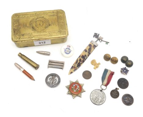 A WW1 Princess Mary Christmas 1914 tin, together with "bullet" pencil with sterling silver tip, Silver War Badge numbered ver