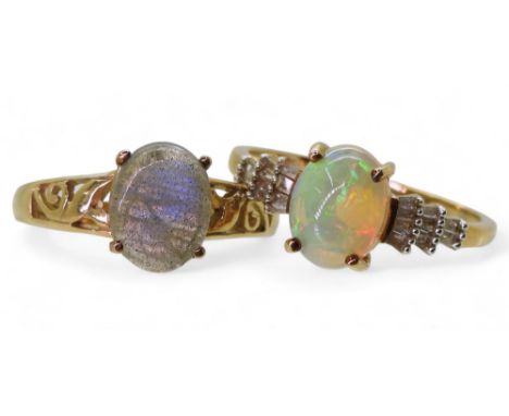 A 9ct gold opal and diamond ring, finger size Q1/2, together with a 9ct gold labradorite ring, size N1/2, weight together 5.2