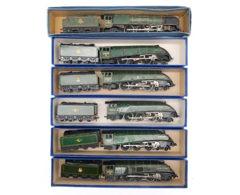 Six 00-gauge 4-6-2 locomotives and eight-wheel tenders in green British Railways livery, named respectively&nbsp;Golden Eagle