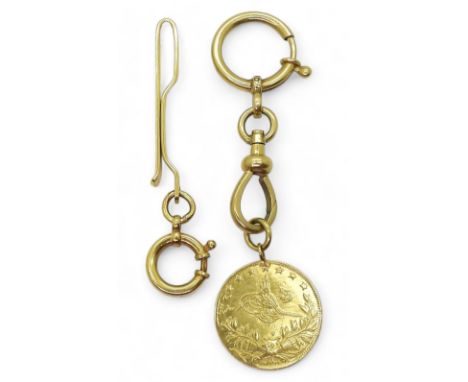 A collection of yellow metal items, a diamond cut tie slide stamped 90% with Chinese characters, an oversized bolt ring clasp