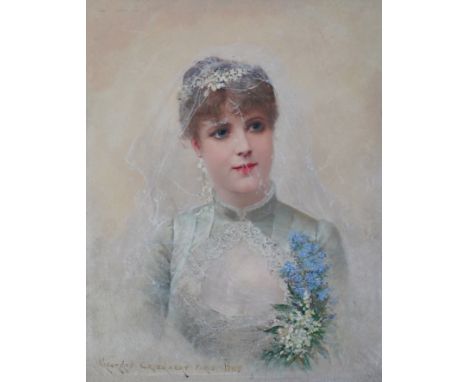 Georges Croegaert (Belgian, 1848-1923) Portrait of a brideoil on panelsigned and dated Paris 188527 x 21.5cm Untouched condit