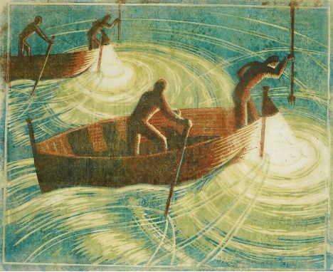 § § Margaret Helen Barnard (British, 1900-1992) Night Fishinglinoleum cut printed in colours on tissue-thin oriental laid pap