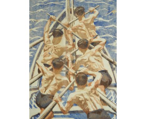 § § Margaret Barnard (British, 1900-1992) The Oarsmen Positano, c.1930linoleum cut printed in colours on tissue-thin oriental