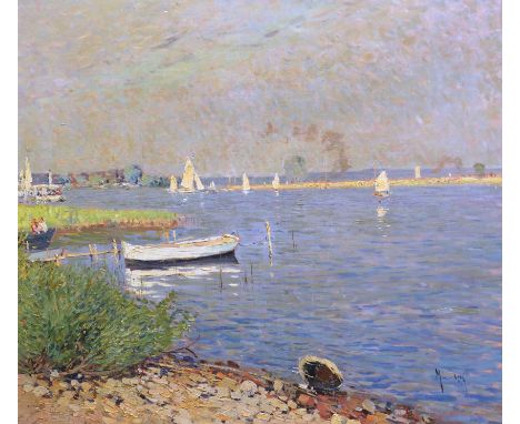 Early 20th century German School Leisure boats on a lakeoil on canvasindistinctly signed74 x 84cm Oil on original canvas in g