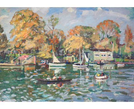 § § Llewellyn Petley-Jones (1908-1986) River in Autumn, Richmondoil on canvasdated 1965 and inscribed verso46 x 65cm Honest u