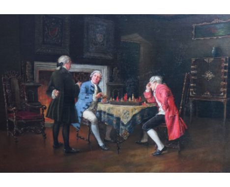 Margaret Dovaston (British, 1884-1954) 'The Chess Match'oil on canvassigned and dated 192745 x 60cm Oil on canvas relined wit