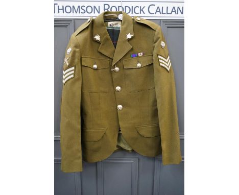 British army uniform, a khaki green jacket with Edgard &amp; Sons Ltd No2 dress Scottish Regiments label having staybrite sty