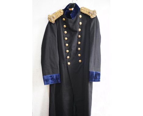 British Army uniform, a black overcoat with blue velvet cuffs having Ranken &amp; Co of Calcutta buttons, and bullion wire kn