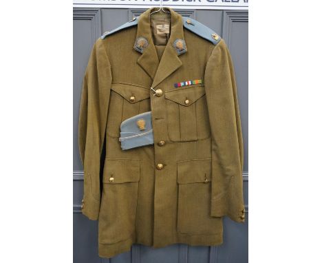 British army uniform, a khaki green jacket with Anderson &amp; Sons Ltd of Edinburgh label [N B BROWN], having Lothians &amp;