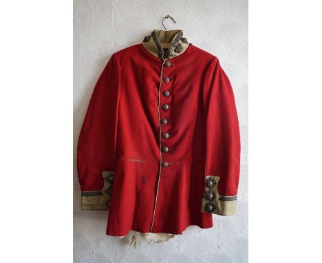 British army uniform, a red tunic jacket having Dumfries Roxburgh Selkirk brass buttons, bullion wire collar badges and cuff 
