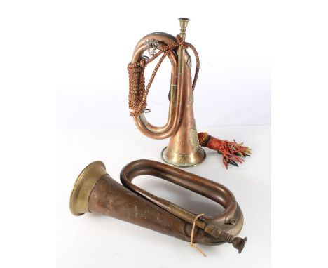 Copper and brass bugle with plaque stamped '7329 Bugler S Beattie' and adorned with Kings Own Scottish Borderers cap badge, c