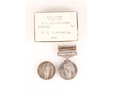 Medal of 14989760 Private E G Clapperton of the Army Air Corps comprising George VI general service medal with two clasps 'Pa