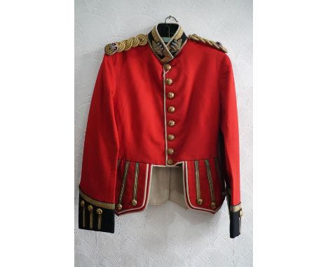 British army uniform, a red doublet jacket having Hawkes and Co brass Kings Own Scottish Borderers KOSB buttons, bullion wire