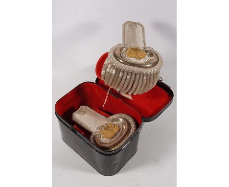 Pair of Scottish Deputy Lieutenant bullion wire epaulettes with thistle badge, held in black metal tin.  Provenance: ex Chris