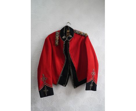 British army uniform, a red mess dress jacket with Fifeshire Volunteer Rifles collar badges, bullion wire knot epaulettes wit