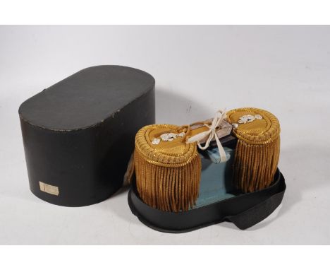 Pair of bullion wire naval epaulettes with fouled anchor badge, held in cardboard box. 