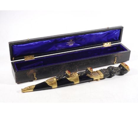 Early 20th century Scottish gilt metal mounted dirk with Black Watch Royal Highlanders insignia by R &amp; H B Kirkwood of Th