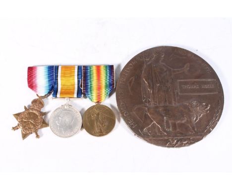 Medals of 810 Private Thomas McKee of the King's Own Scottish Borderers KOSB comprising WWI death plaque [THOMAS MCKEE], WWI 