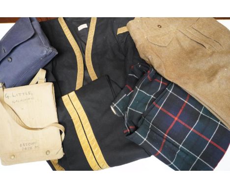 British Army uniform to include tartan trousers, pair of 'hairy' khaki green trousers, black trousers with bullion wire trim,