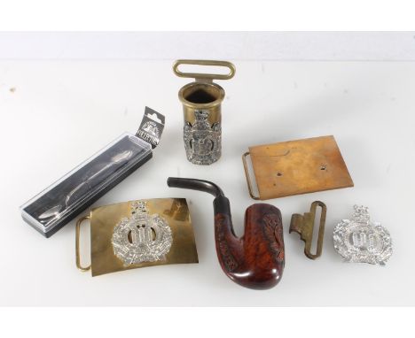 Kings Own Scottish Borderers interest, a brass flag bearers carrier with KOSB badge, a carved pipe [Sgt J Hunter SSC KOSB], a