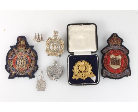 Kings Own Scottish Borderers insignia to include a XXV Kings Own Borderers badge 5cm tall, bullion wire cloth badges, London 