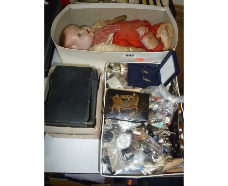 THREE SMALL BOXES OF SUNDRIES, to include doll, stereoscope, buttons, cufflinks etc