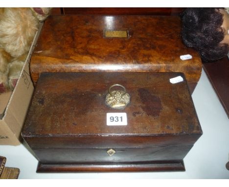 A 19TH CENTURY MAHOGANY TEA CADDY, fabric lined interior and a Victorian walnut writing slope (lacking slope) (2)