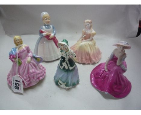 FIVE VARIOUS SMALL FIGURES, Worcester 'June', Royal Doulton 'The Rag Doll' HN2142, 'Christmas Morn' HN3245 (seconds) and two 
