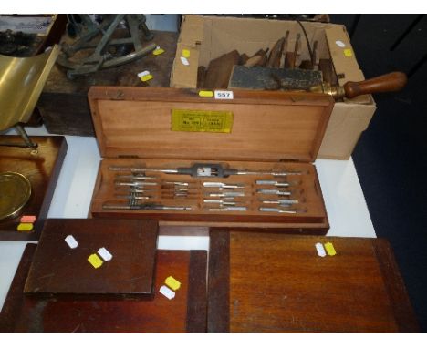 FOUR BOXED LEHMANN, ARCHER & LANE LTD TAP AND DIE SETS, a boxed sextant (s.d.), a box of woodworking tools etc