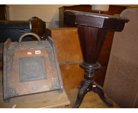 A COAL BOX WITH SHOVEL, a Victorian sewing box/table on tripod support (for restoration) and a four fold screen (3)