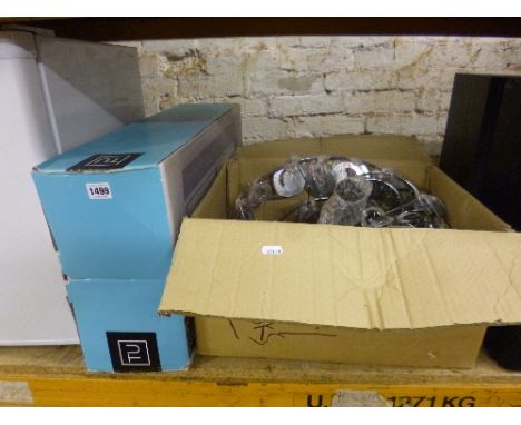 A BOX OF LIGHT FITTINGS, and boxed mirrored bathroom cabinet