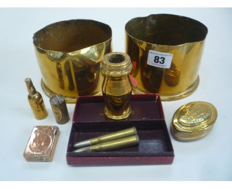 VARIOUS TRENCH ART ITEMS, to include snuff box, lighter, shells etc