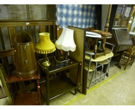A CIRCULAR OAK OCCASIONAL TABLE, an oak umbrella stand, tea trolley, standard lamp, two mirrors etc (12)