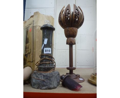A CORNISH SERPENTINE LAMP BASE, in the form of a lighthouse (s.d.) and a wooden novelty lamp base