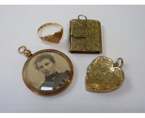 A SMALL COLLECTION OF JEWELLERY, to include two lockets, one designed as an opening book, the other a heart shape, to include