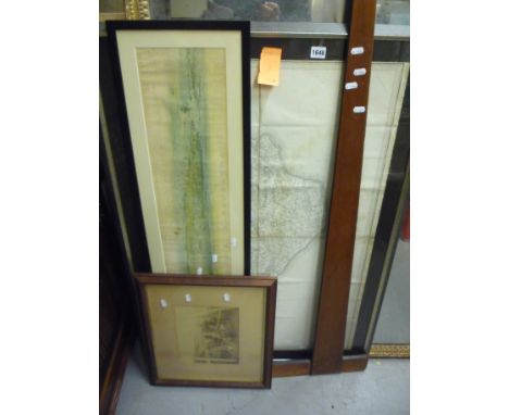 FOUR VARIOUS PICTURES, etc including a framed ordnance survey map (Isle of Wight) (5)