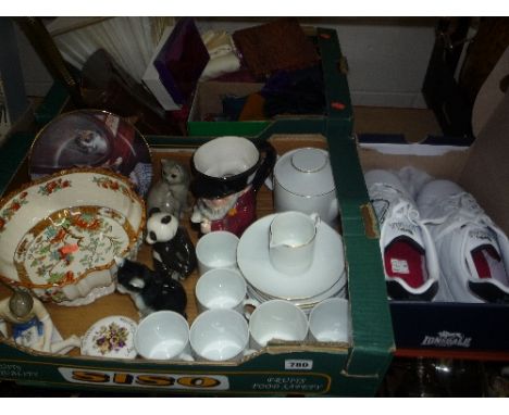 THREE BOXES OF CERAMICS, (Spode, Doulton, USSR), silk ties, binoculars, lamp, linen, boxed Lonsdale Trainers (size 12) etc