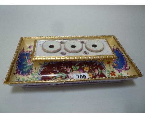CONTINENTAL PORCELAIN PARTNERS DESK STAND, triple inkwell inside floral tray