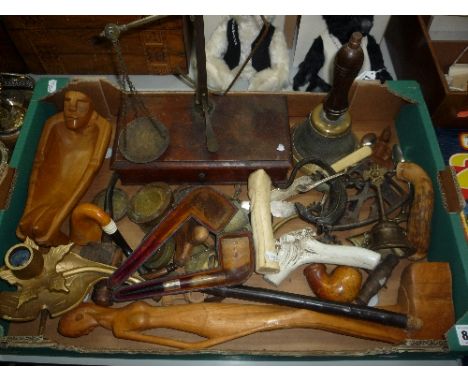 A TRAY OF SUNDRIES, pipe, scales, bone items, metalware etc