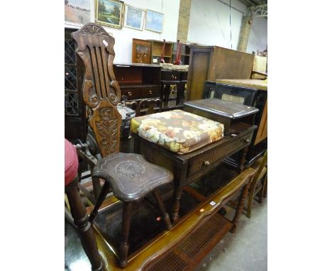 A DARK ERCOL TELEPHONE SEAT, with single drawer, spinning chair and three oriental style pictures (5)