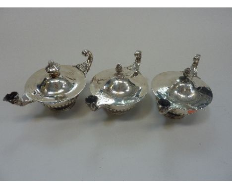 THREE SILVER ALADDINS LAMP TABLE LIGHTERS, c.1912, with 80th Staffordshire Regiment Crest and discription