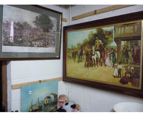 JONES, W., oil on canvas, fishing boats, a large coaching/Tavern scene and a 'Woburn Sheepshearing' print (3)