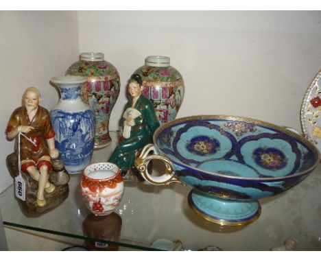 VARIOUS ORIENTAL ITEMS, a pair of figures, Noritake bowl, vases etc (s.d.) (7)