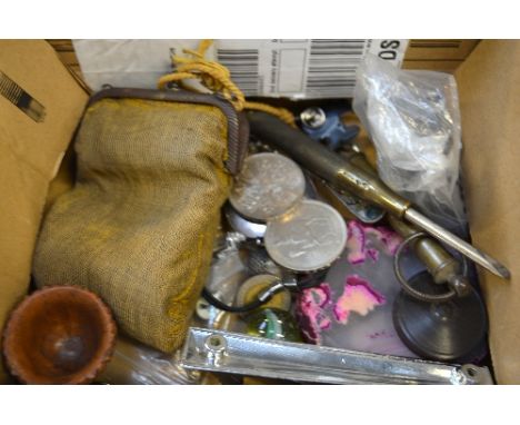 A SMALL BOX OF MISCELLANEOUS, to include coins, binoculars, tools etc