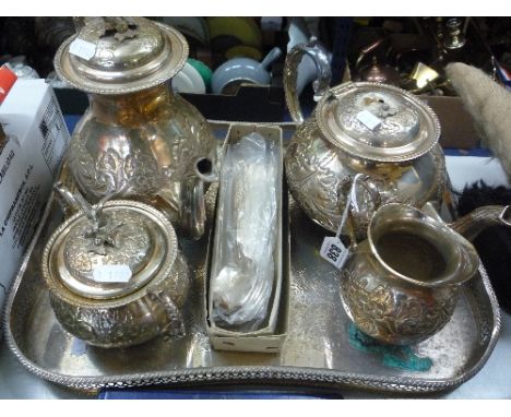 A FOUR PIECE 'JOHN TURTON' SHEFFIELD PLATED TEA SERVICE, on gallery edge tray and a box of spoons