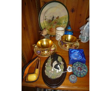 VARIOUS CERAMICS, GLASS AND A PIPE, to include Country Artists 'Border Collie', glass paperweights, floral inclusions, Aynsle